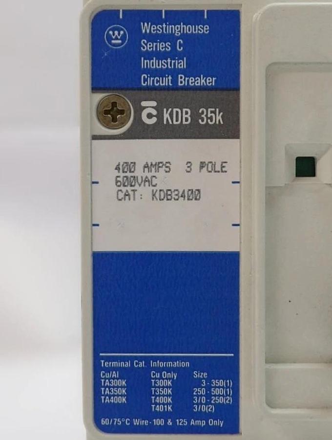 Used Westinghouse KDB3400 Industrial 3-Pole Circuit Breaker KDB 35k w/KT3400T Working
