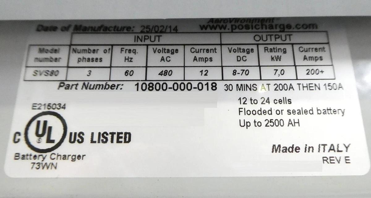 Used PosiCharge 10800-000-018 SVS80 Single Port MHE Battery Charger No Display Spare