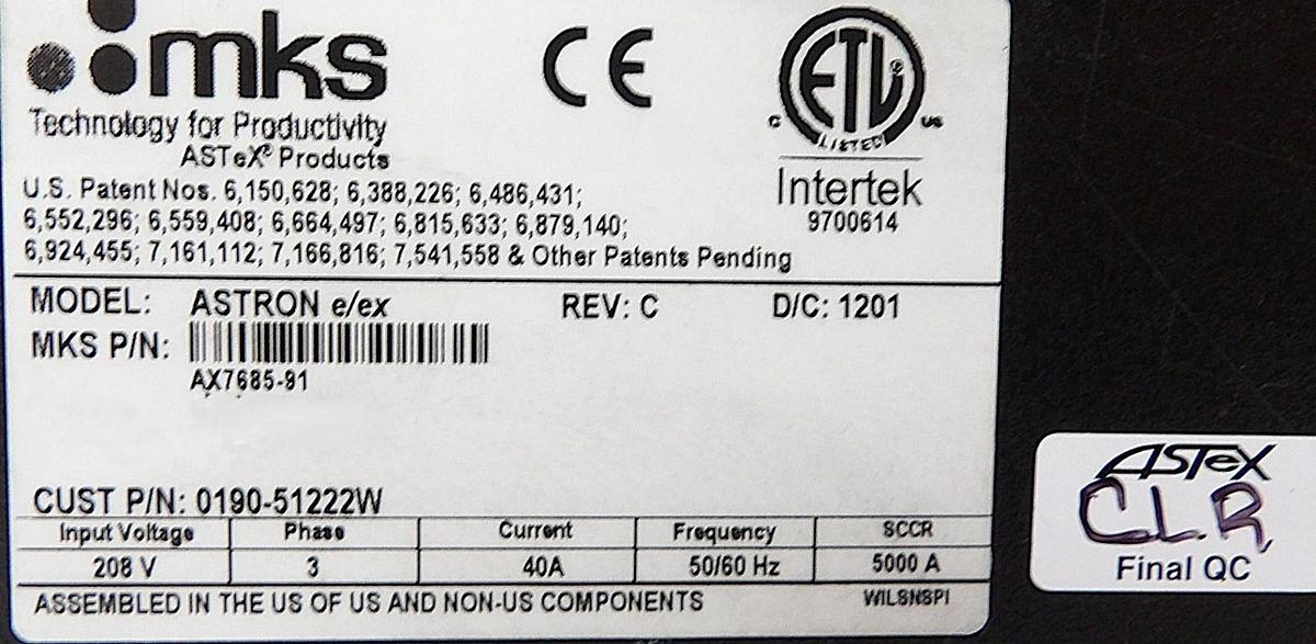 Used ASTRON e/ex MKS Instruments AX7685-91 RPS Plasma Source ASTeX Working Surplus