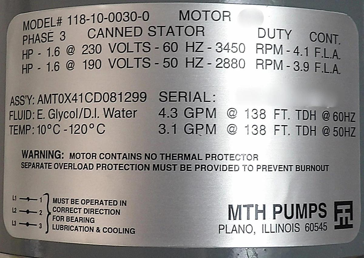 MTH Tool Company 118-10-0030-0 3-Phase Glycol Chiller Pump Canned-Stator New
