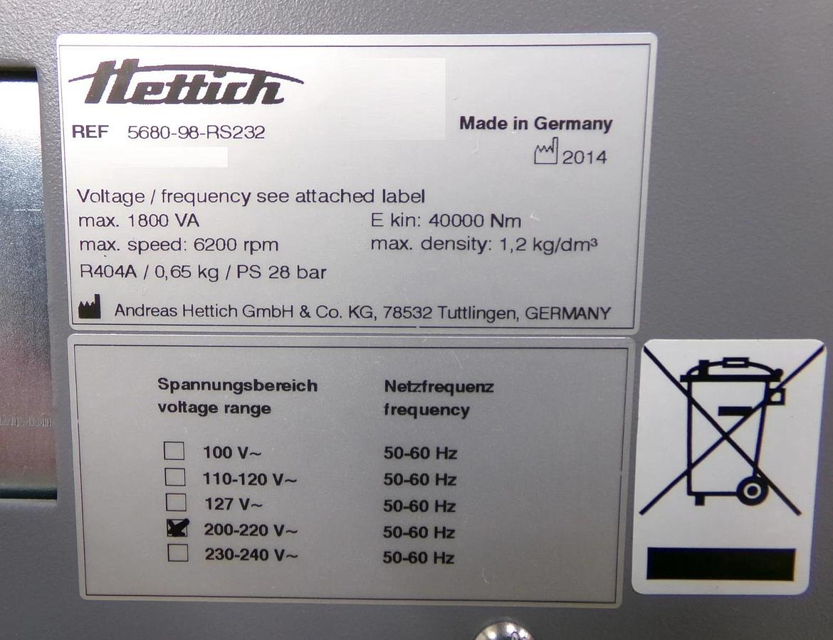 Used Hettich 5680-98-RS232 Automated Refrigerated Centrifuge Spare Surplus