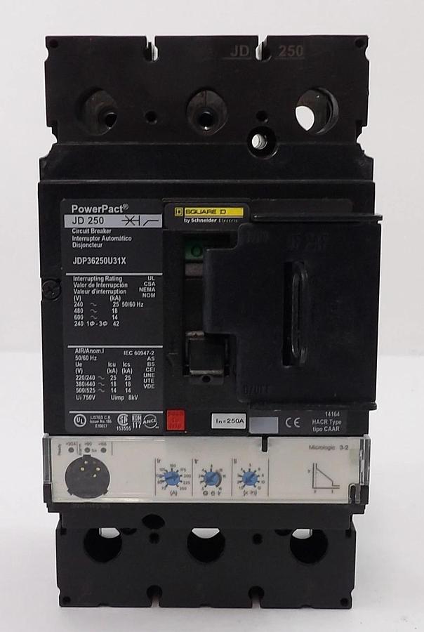 Used Square D JD 250 3-Pole Circuit Breaker JDL36200 JDF36250CU31X Lot of 2 Working