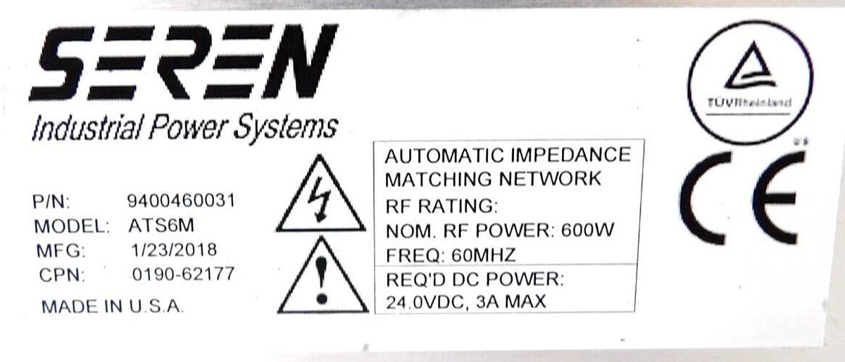 Used Seren Industrial Power Systems 9400460031 RF Match Module ATS6M Surplus
