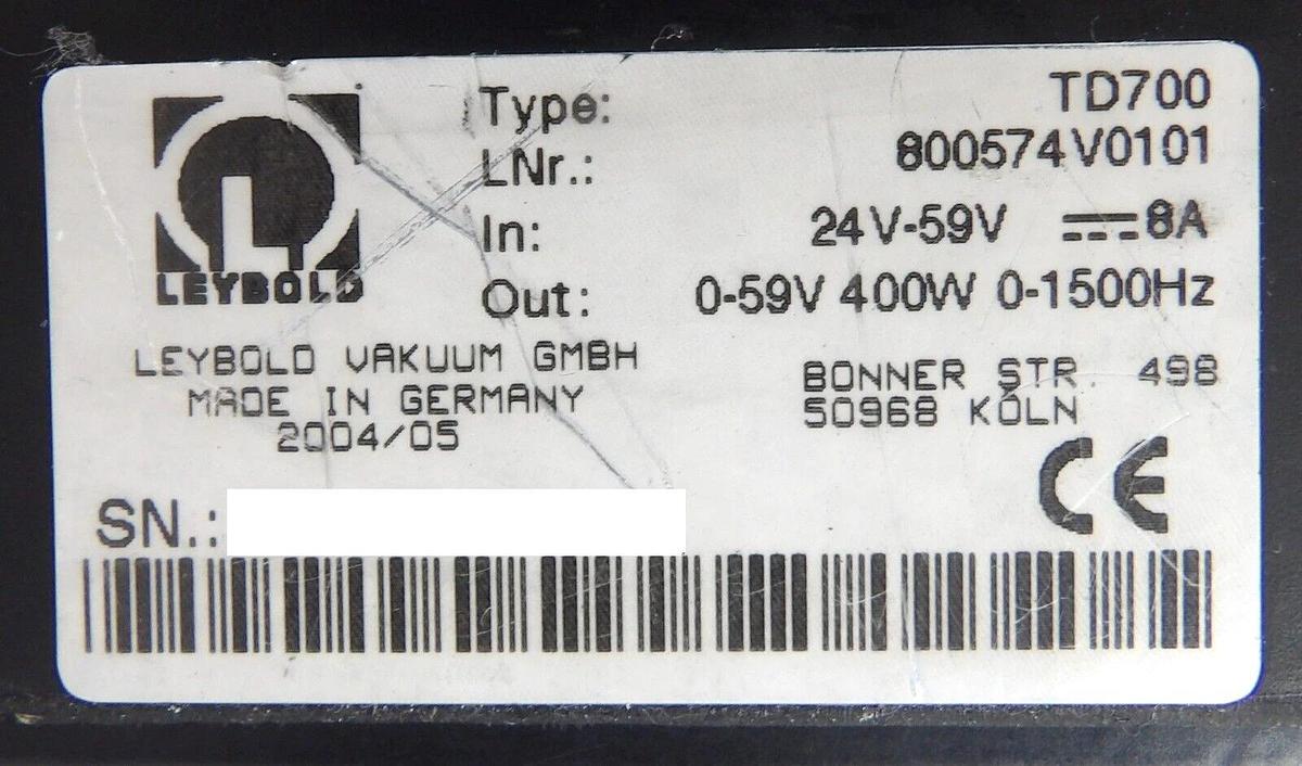 Used TURBOVAC TW 700 Leybold 800051V0001 Turbomolecular Pump Turbo Working Surplus