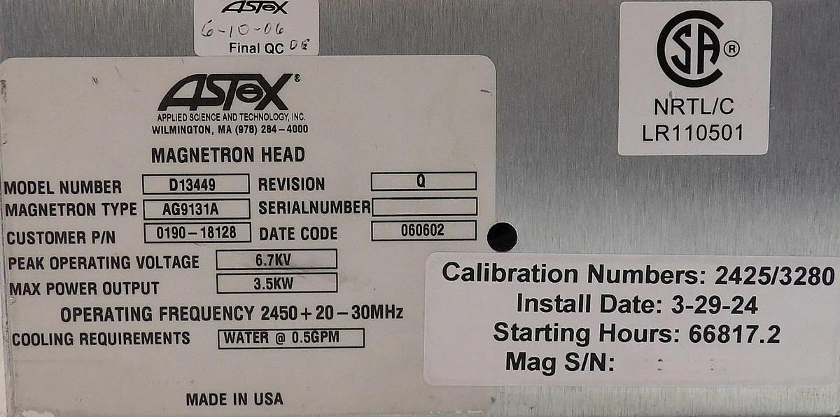 Refurbished ASTeX Applied Science & Technology D13449 3.5kW Magnetron 0190-18128 Refurbished