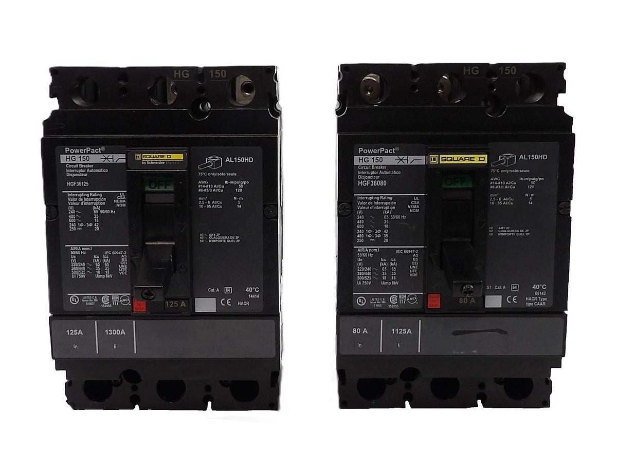 Used Square D HG 150 Circuit Breaker HGF36125 HGF36080 Reseller Lot of 2 Working