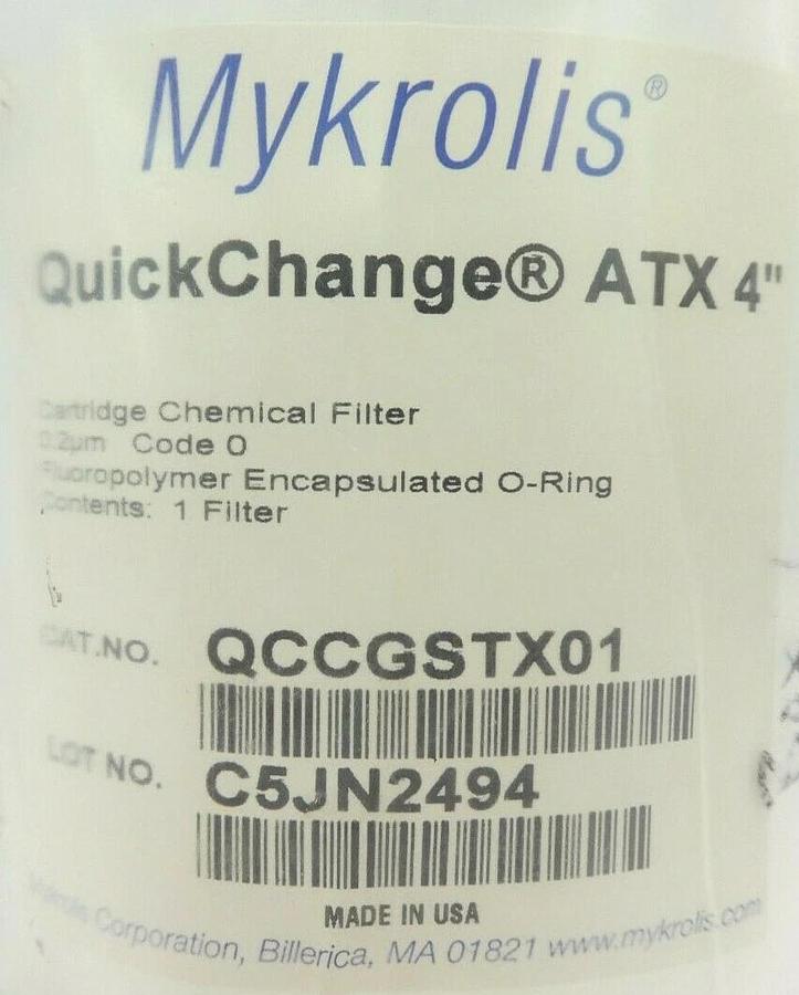 Mykrolis QCCGSTX01 Prewet Cartridge Chemical Filter QuickChange ATX 4" New