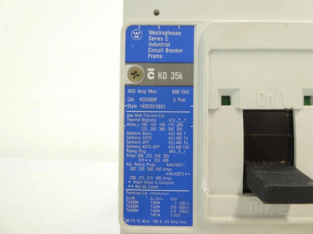 Used Westinghouse 1492D81G03 KD 35k 3-Pole Industrial Circuit Breaker KD3400F Working