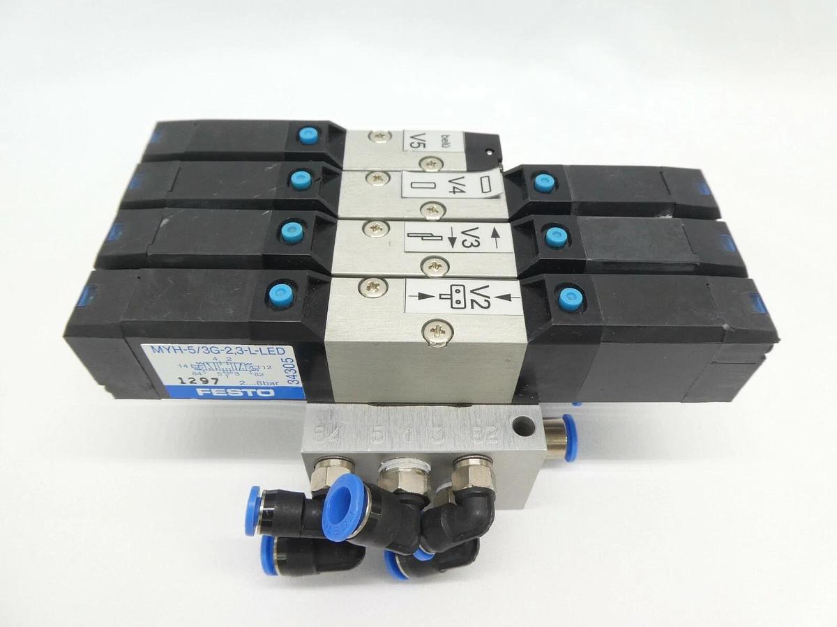 Used Festo 34336 7-Port Pneumatic Manifold PRMY-5-1/8-4 34305 MYH-5/3G-2,3-L-LED