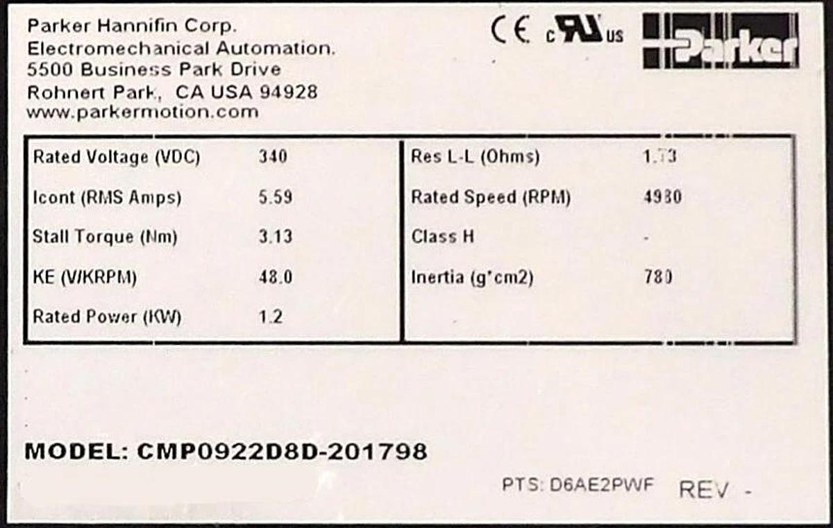 Used Parker Hannifin CMP0922D8D-201798 Industrial Robot Servo Motor Working Surplus