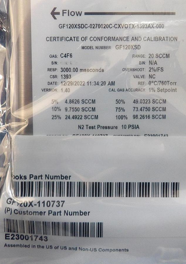 Brooks Instrument GF120X-110737 Mass Flow Controller MFC 20 SCCM New