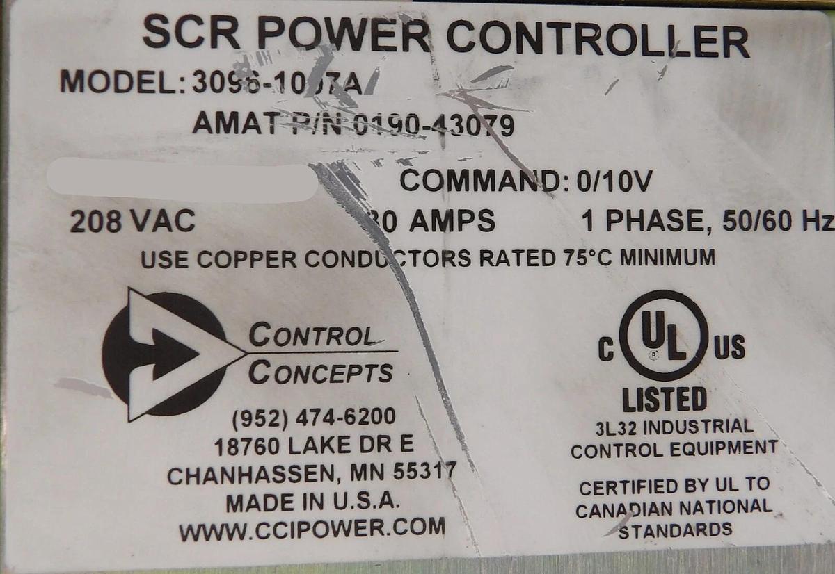 Used Control Concepts 3096-1007A SCR Power Controller AMAT 0190-43079 Working Surplus