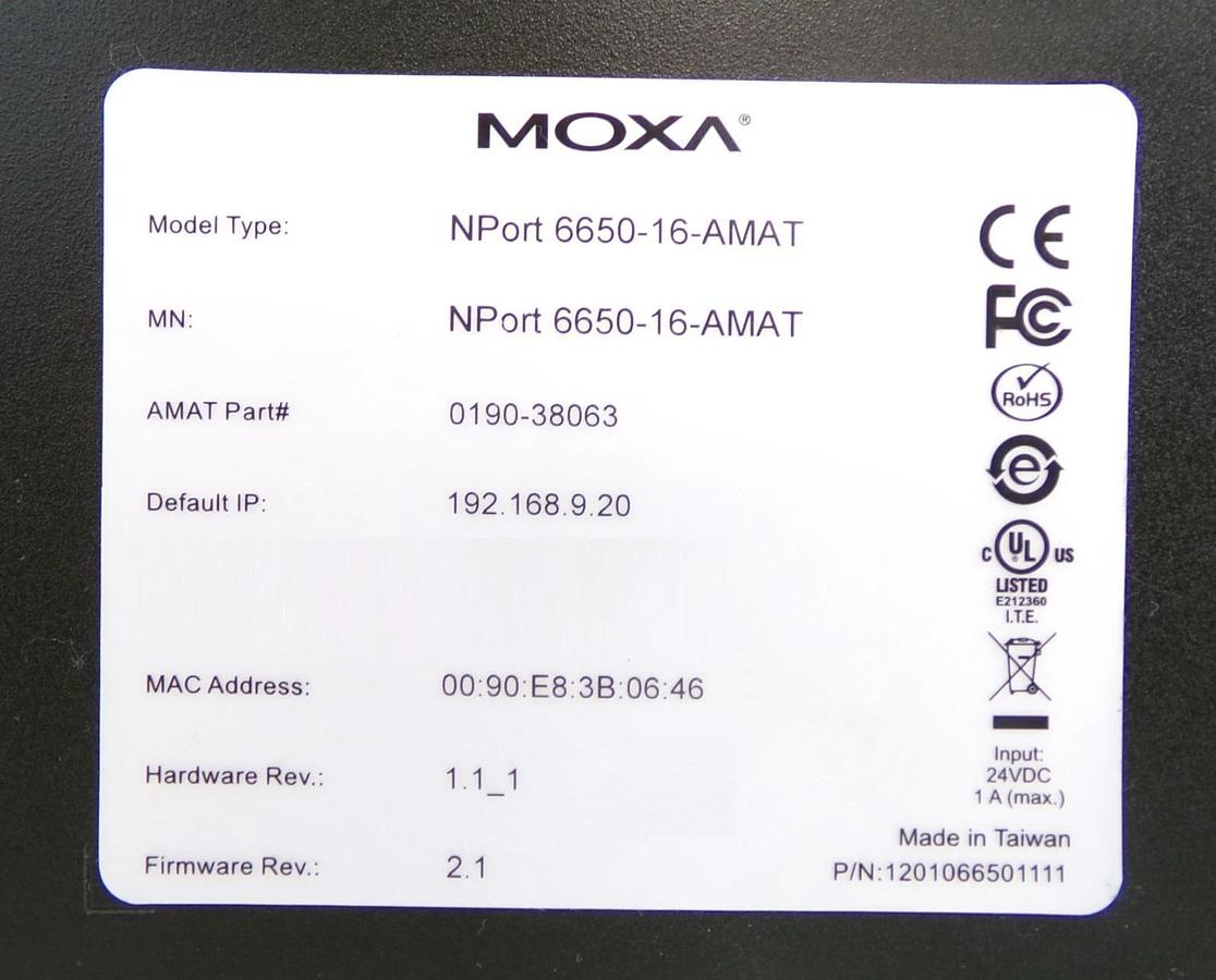 Used Moxa NPort 6650-16 Port Terminal Server AMAT 0190-38063 Working Surplus