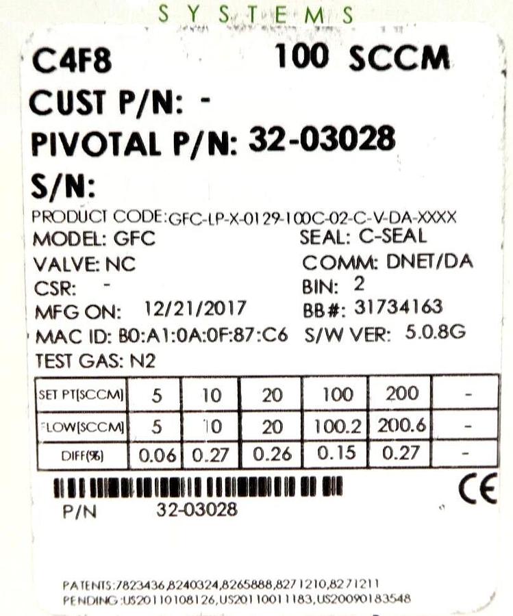 Pivotal Systems 32-03028 Mass Flow Controller MFC 100 SCCM C4F8 New Surplus