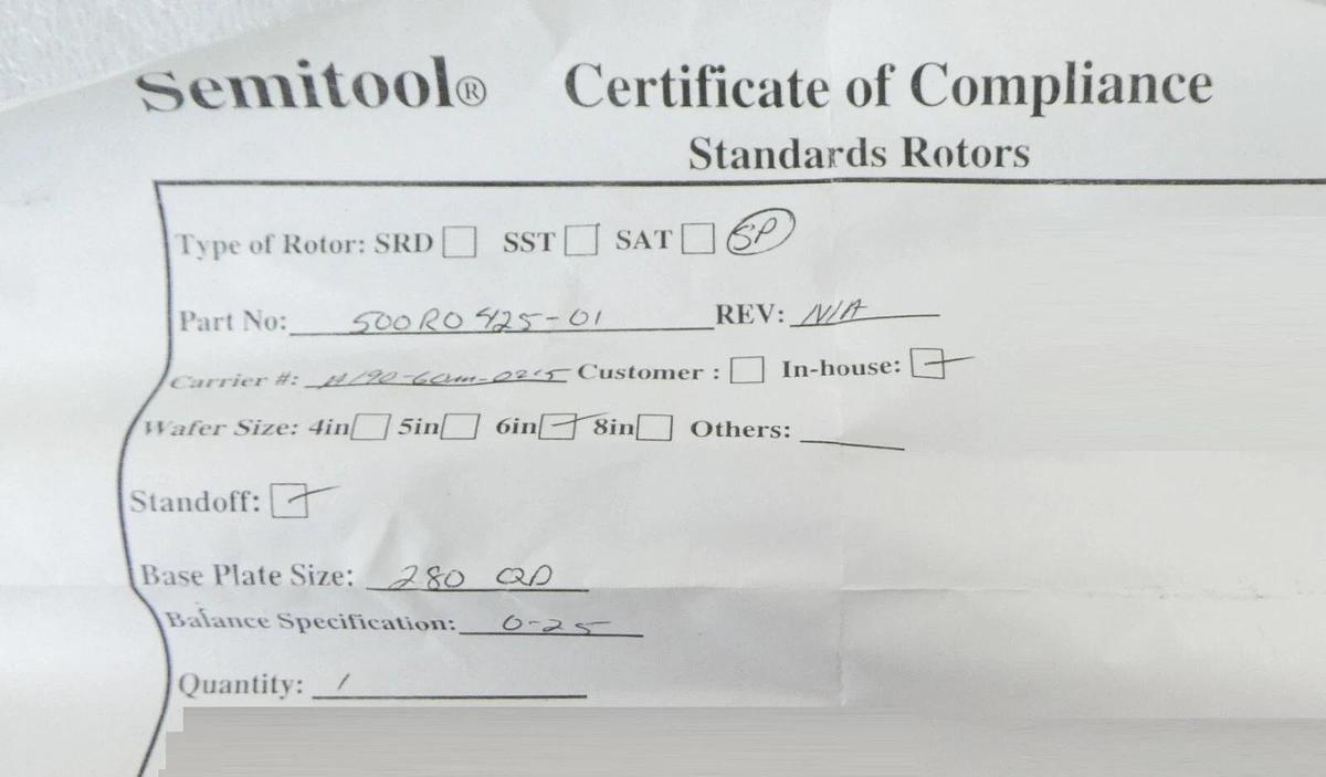 Refurbished Semitool 500R0425-01 SRD Spin Rinse Dryer Rotor A182-60MB-0215 Refurbished