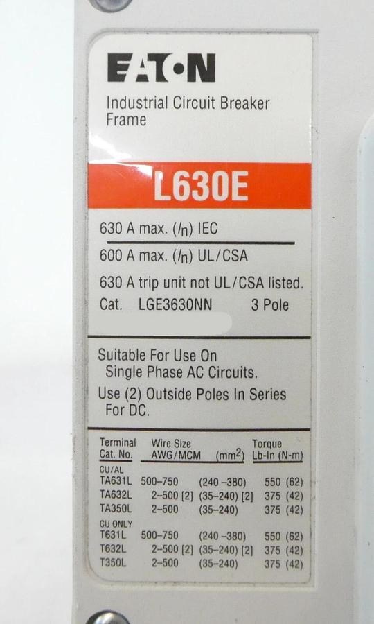 Used Eaton LGE3630NN 3-Pole Industrial Circuit Breaker Module L630E Working Surplus