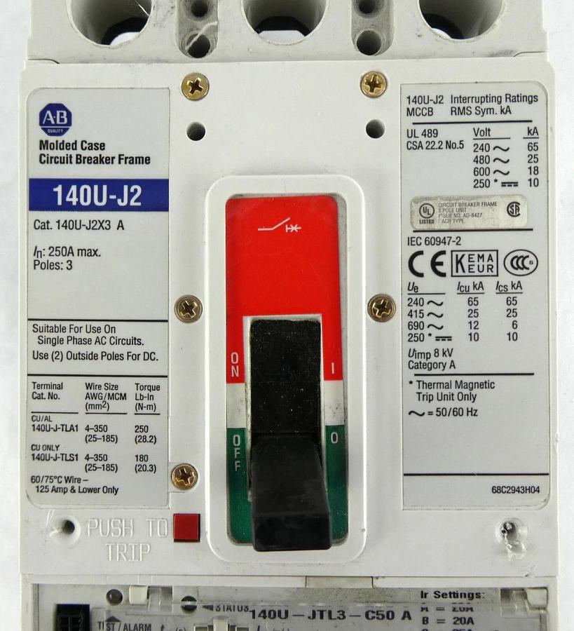 Used AB Allen-Bradley 140U-J2X3 A Circuit Breaker 140U-J2 140U-JTL3-C50 A Working