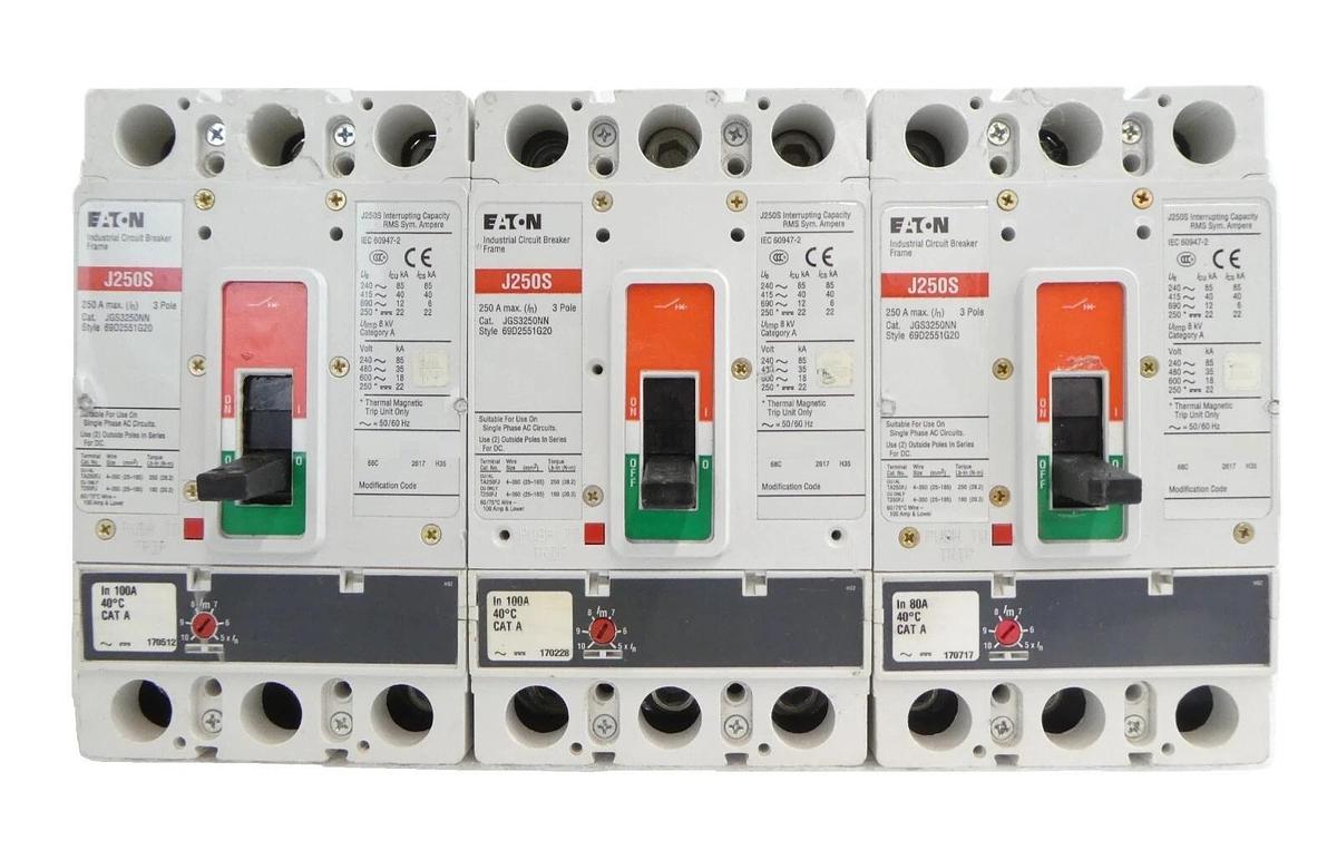 Used Eaton JGS3250NN 3-Pole Industrial Circuit Breaker J250S Lot of 3 Working Spare