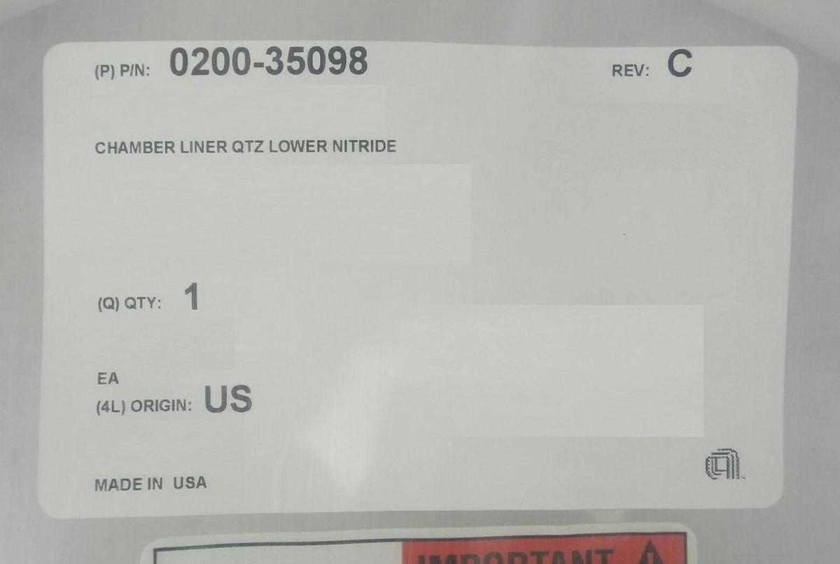 AMAT Applied Materials 0200-35098 Nitride Lower Quartz Chamber Liner New Surplus