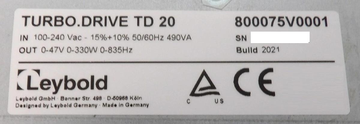 TURBO.DRIVE TD20 Leybold 800075V0001 Turbomolecular Pump Controller Turbo New