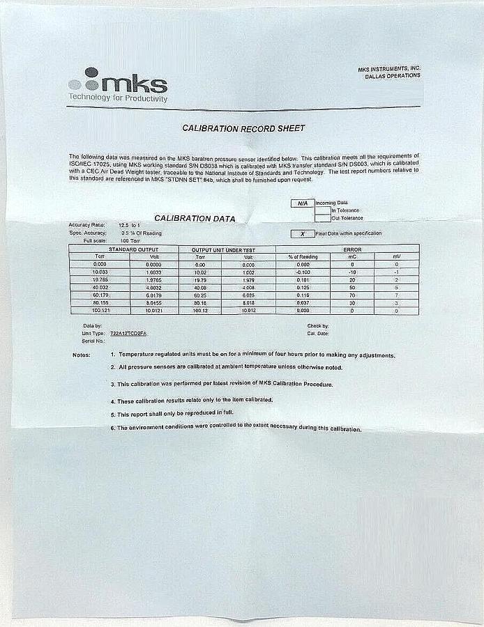 MKS Instruments 722A12TCD2FA Baratron Pressure Transducer 722A New Surplus