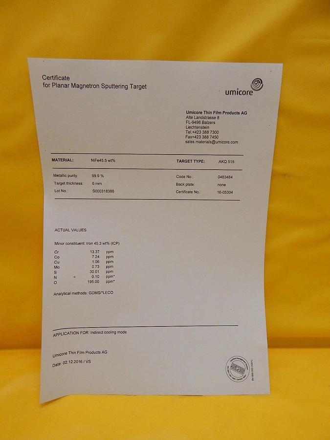 Umicore AKQ515 Planar Magnetron Sputtering Target Kit NiFe45.5 wt% New Surplus
