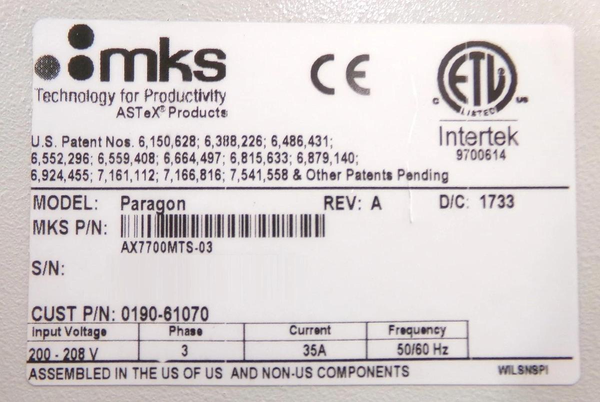 Refurbished ASTRON Paragon F* MKS AX7700MTS-03 RPS Remote Plasma Source Refurbished
