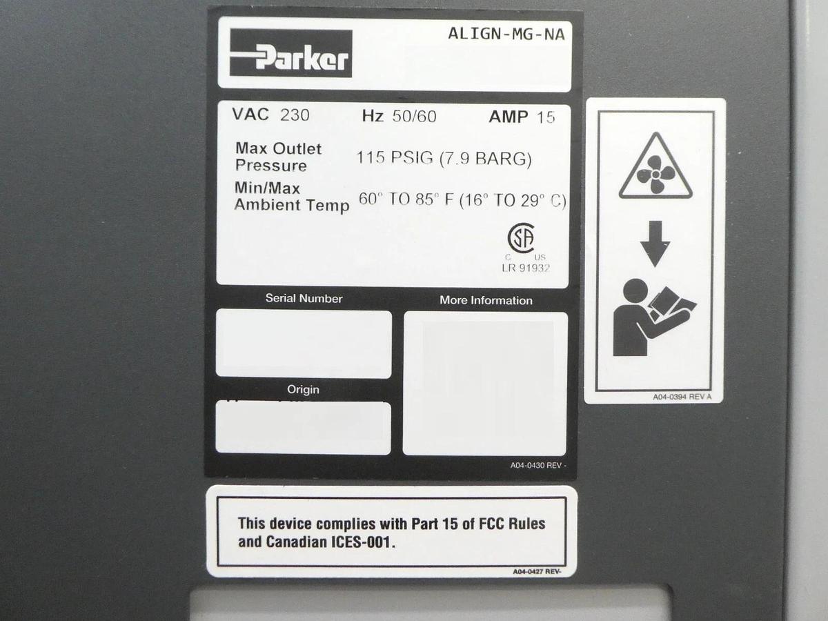 Used Parker ALIGN-MG-NA Tri-Gas Nitrogen Generator ALIGN Series Spare Surplus