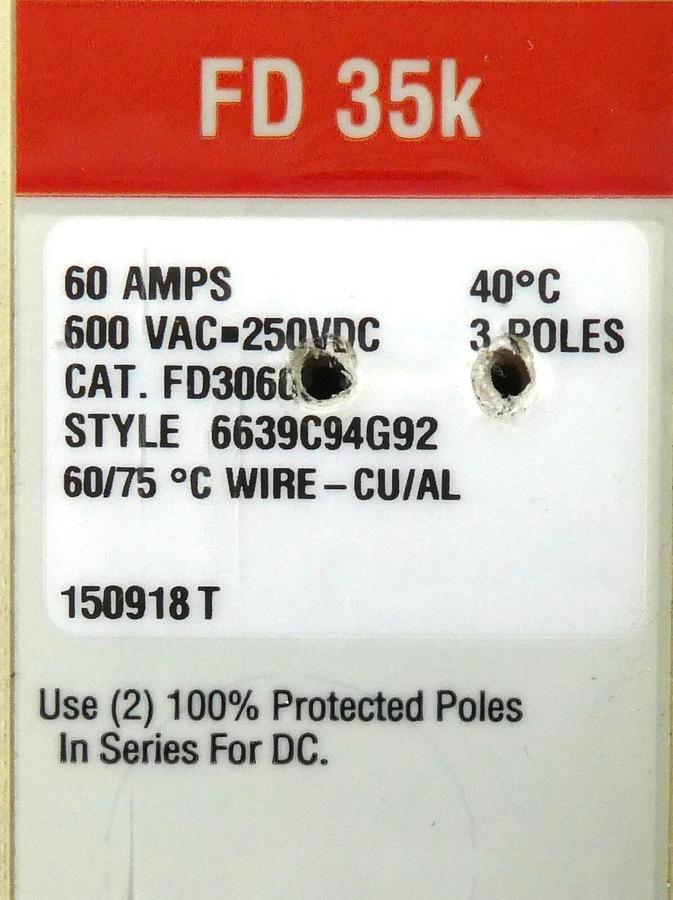 Used Eaton 6639C94G92 Industrial Circuit Breaker FD3060L Working Surplus
