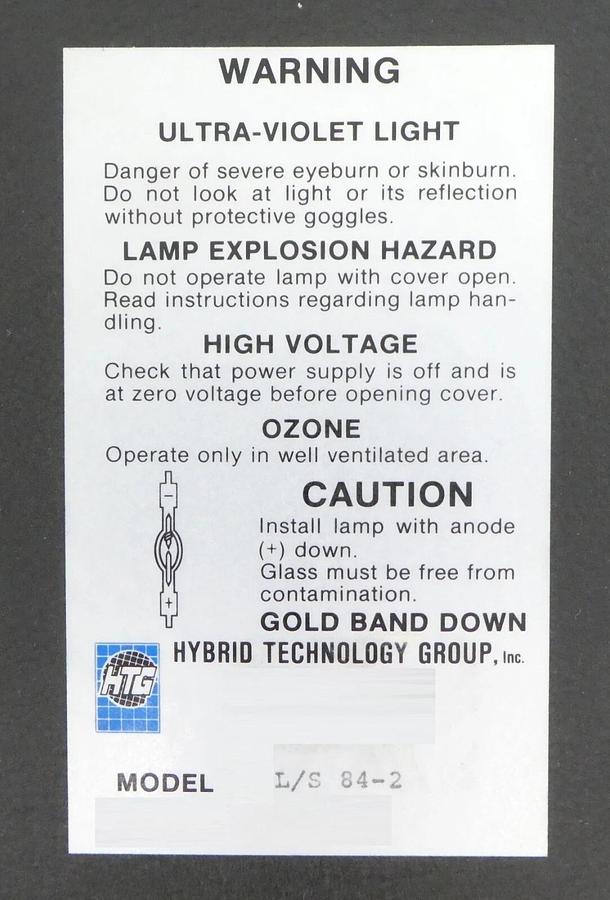 Used HTG Hybrid Technology Group L/S 84-2 Ultra-Violet Light Head Assembly Surplus