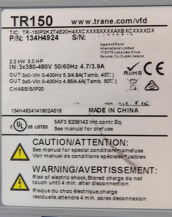 Used Trane 134H4924 3-Phase Variable Frequency Drive TR150 Working