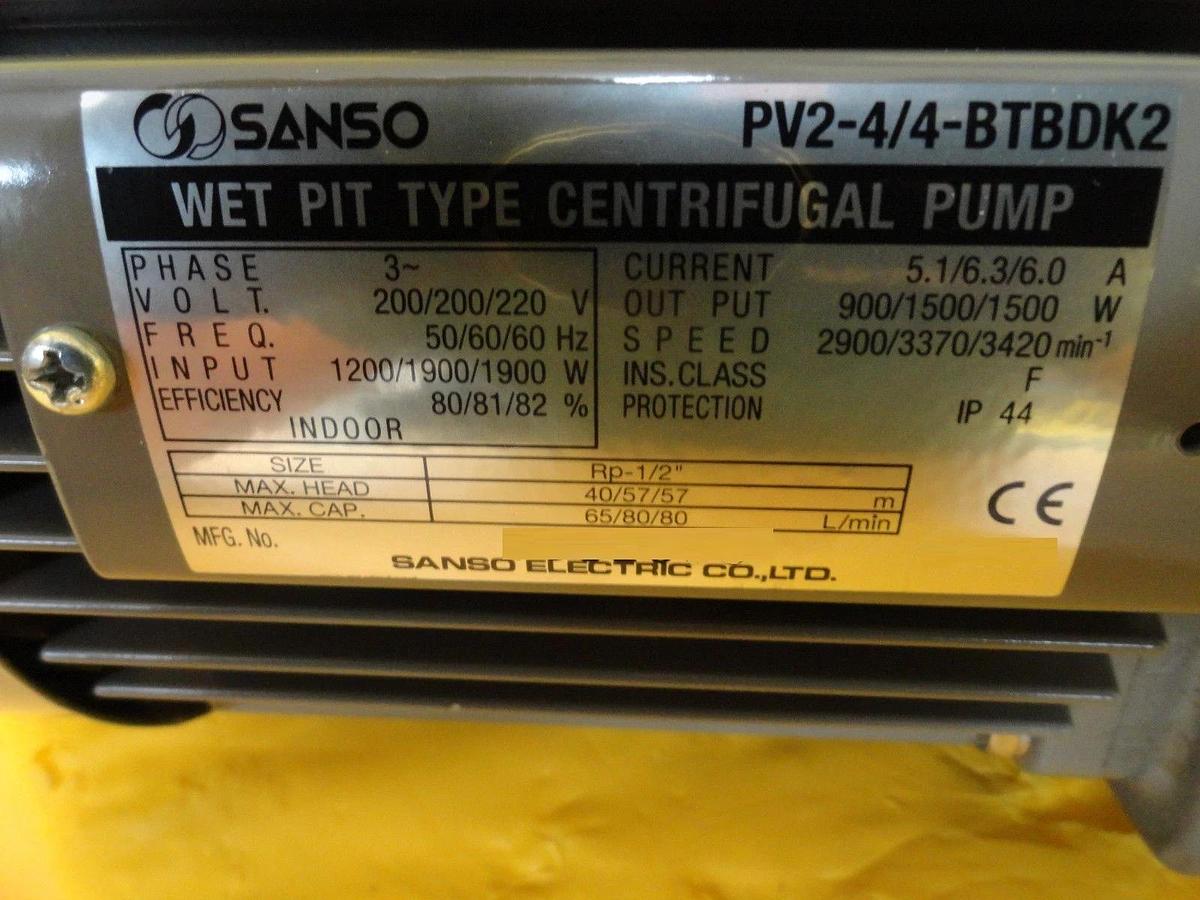 Used Sanso Electric PV2-4/4-BTBDK2 Wet Pit Type Centrifugal Pump Working Surplus