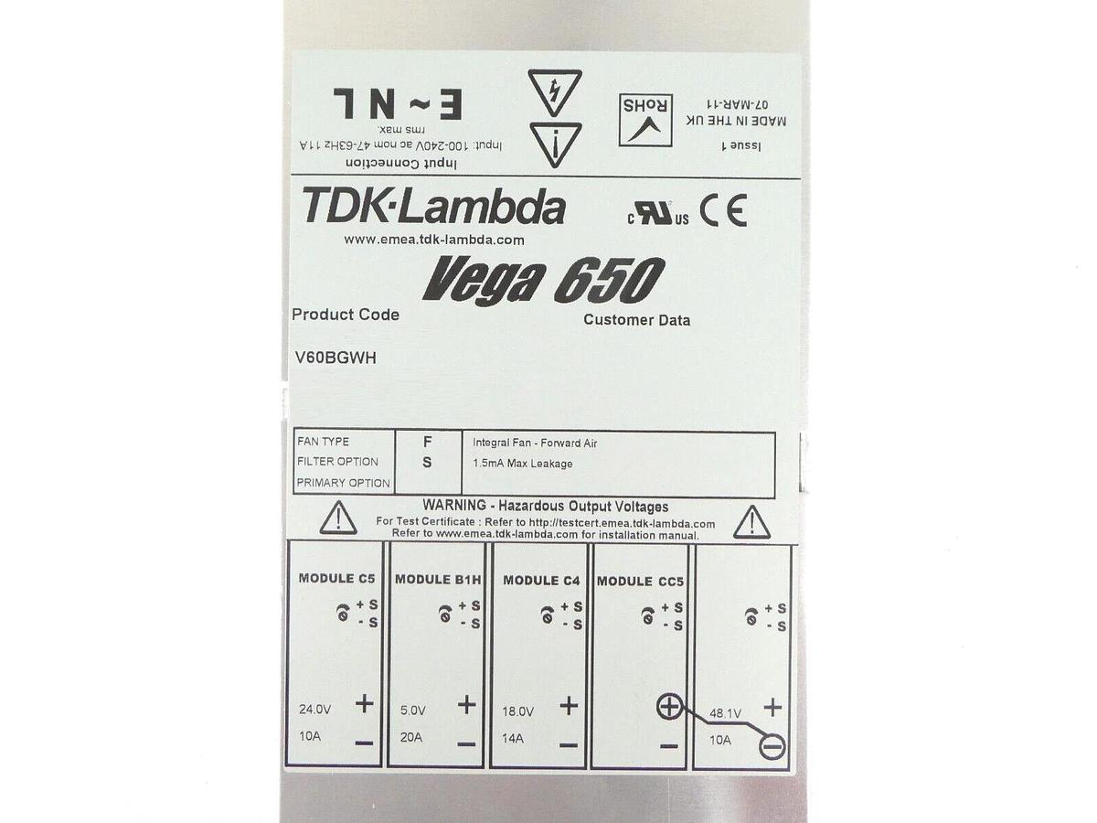 Used TDK-Lambda V60BGWH Power Supply Vega 650 Sciex 1036372 SelexION Working Surplus