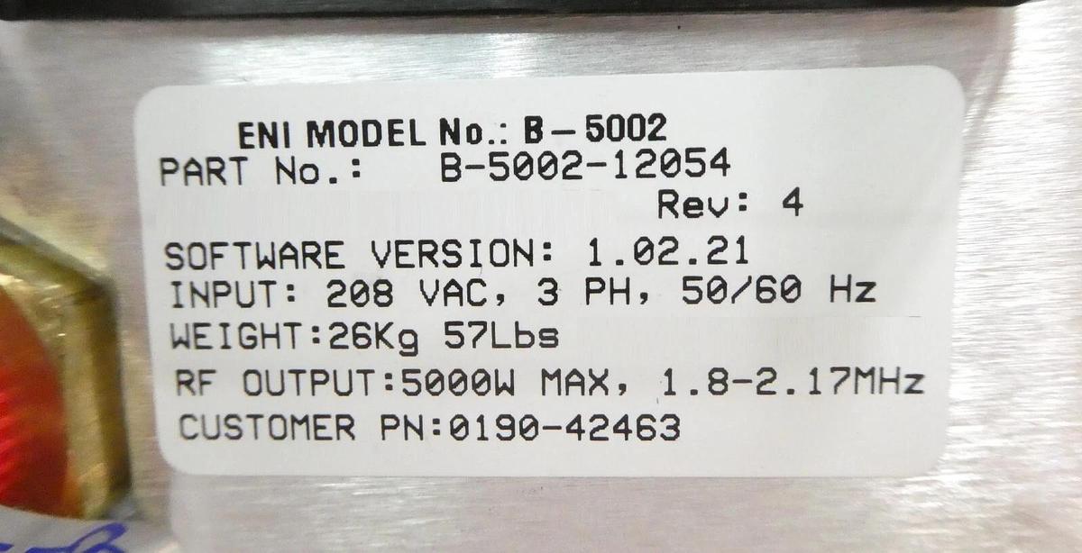 Used Spectrum B-5002 ENI Power Systems B-5002-12054 RF Generator 1.985MHz Untested