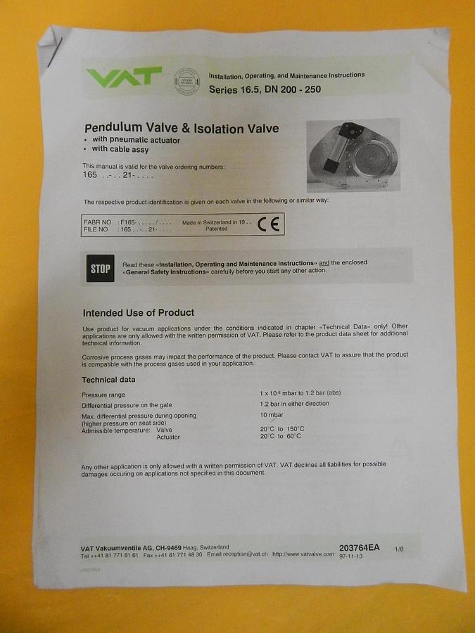 VAT 16548-PA21-AAB1 Pneumatic Pendulum Isolation Valve Series 16.5 New Surplus