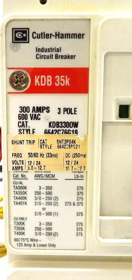 Used Eaton KDB3300W 3-Pole Industrial Circuit Breaker KDB 35k Working Spare