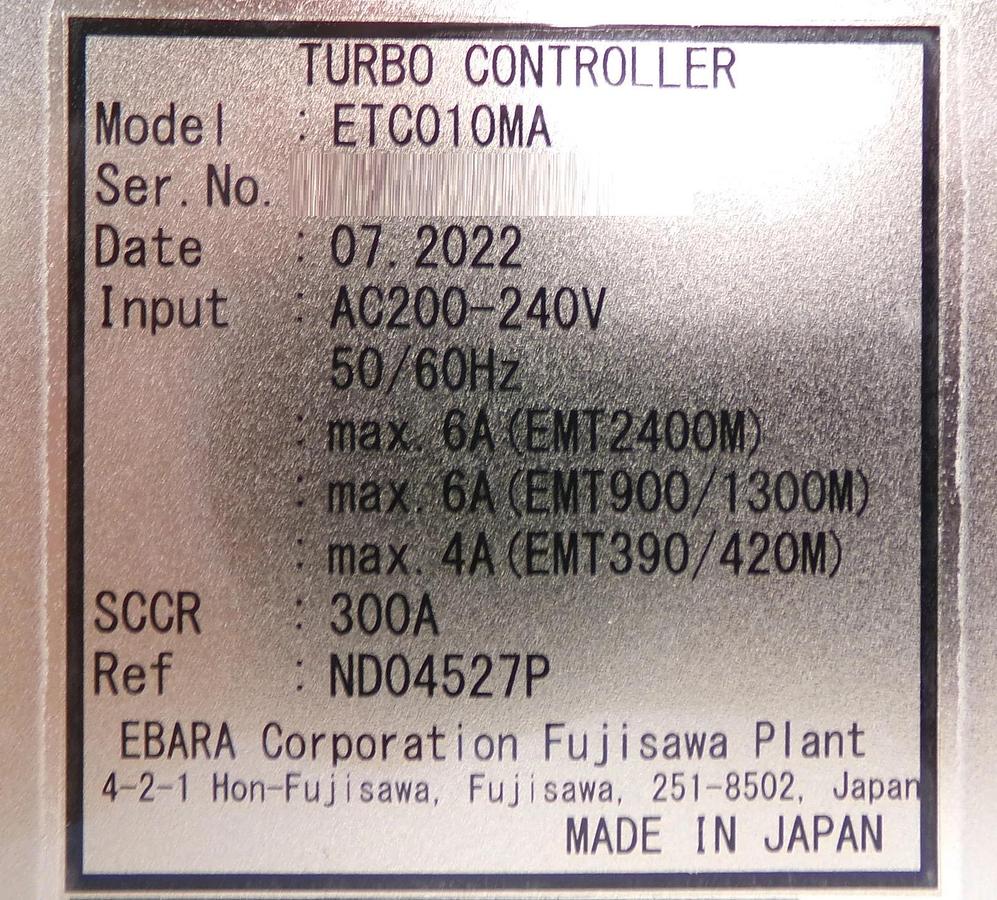 Ebara Technologies ETC010MA Turbomolecular Pump Controller w/AC Cable Turbo New