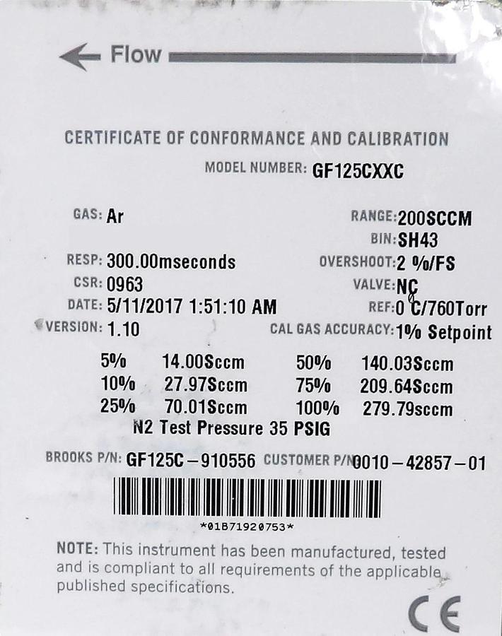 Used Brooks Instrument GF125CXXC Mass Flow Controller MFC GF125C-910556 Lot of 10