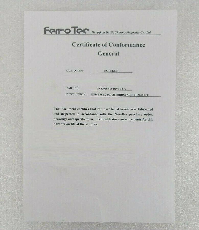 Novellus Systems 15-429265-00 Hybrid End Effector VAC RBT MACH I FerroTec New