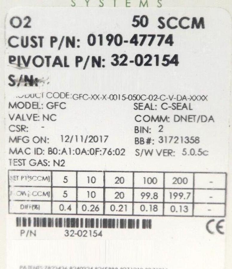 Pivotal 32-02154 Mass Flow Controller MFC 50 SCCM O2 0190-47774 Lot of 3 New