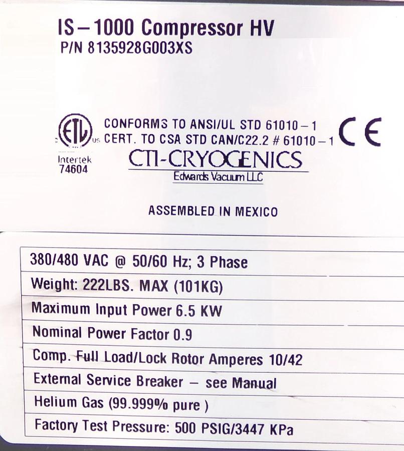 Refurbished CTI-Cryogenics 8135928G003XS IS-1000 Compressor HV Edwards OEM Refurbished