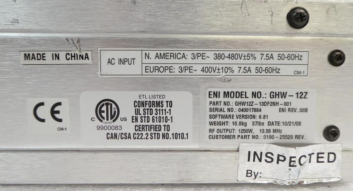Used GHW-12Z Genesis ENI GHW12Z-13DF2NH-001 RF Generator AMAT 0190-25529 Tested As-Is