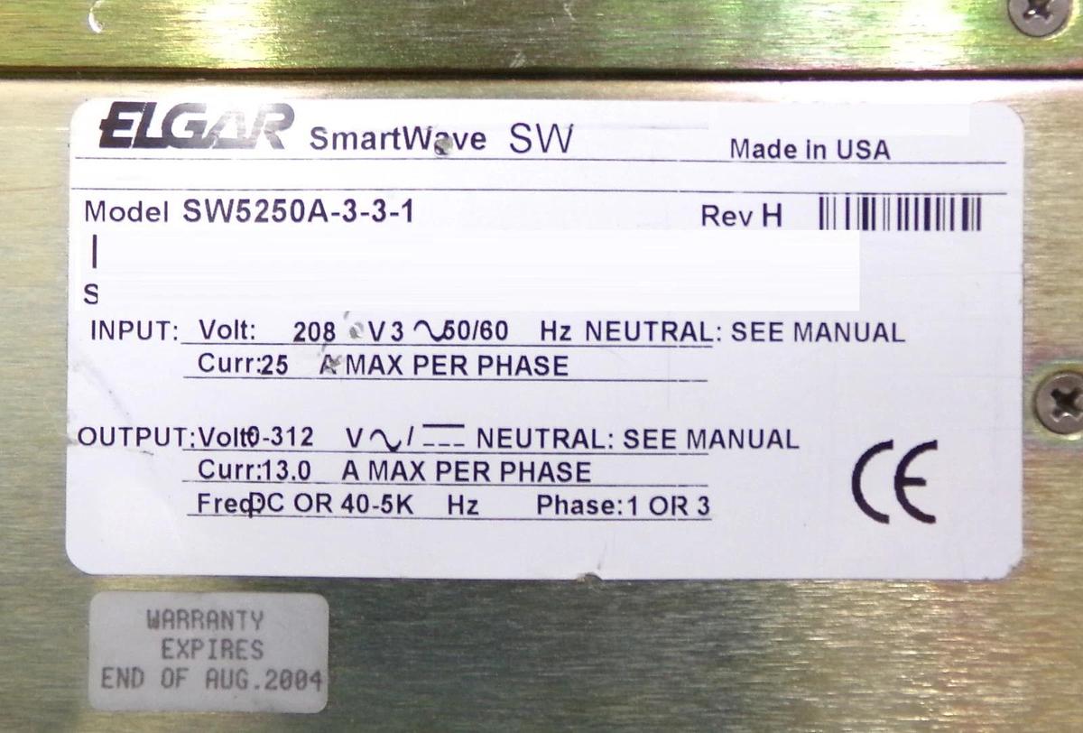 Used Elgar SW5250A-3-3-1 SmartWave Industrial Power Source SW5250A Untested Surplus
