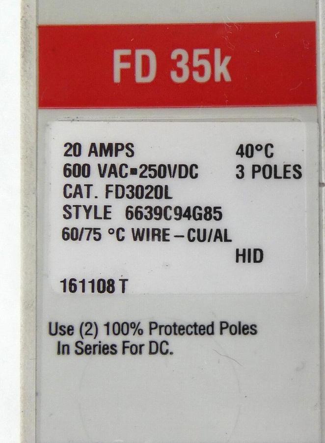 Used Eaton 6639C94G85 Industrial Circuit Breaker FD3020L Working Surplus