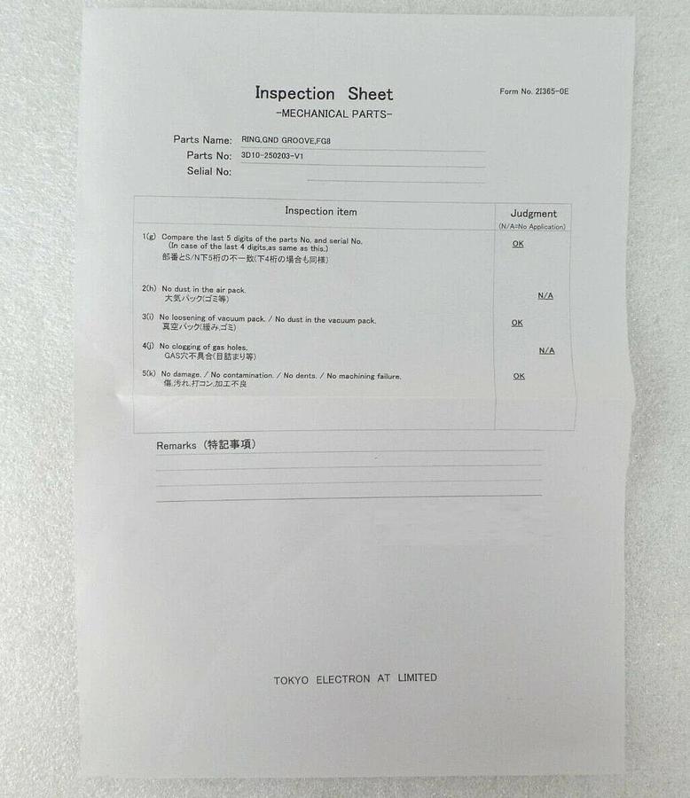 TEL Tokyo Electron 3D10-250203-V1 FG8 Ground Groove Ring New Surplus