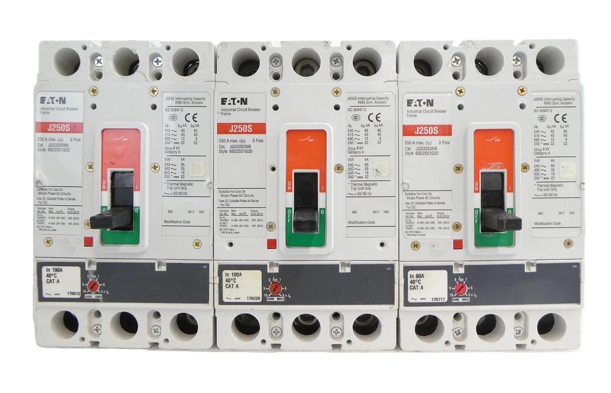 Used Eaton JGS3250NN 3-Pole Industrial Circuit Breaker J250S Lot of 3 Working Spare