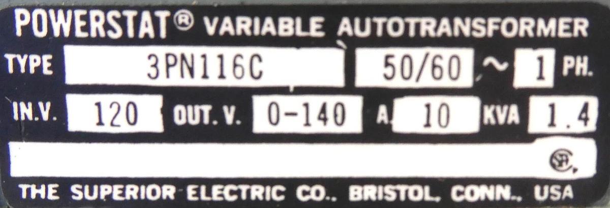 Used Superior Electric 3PN116C Variable Manual Autotransformer Powerstat Working