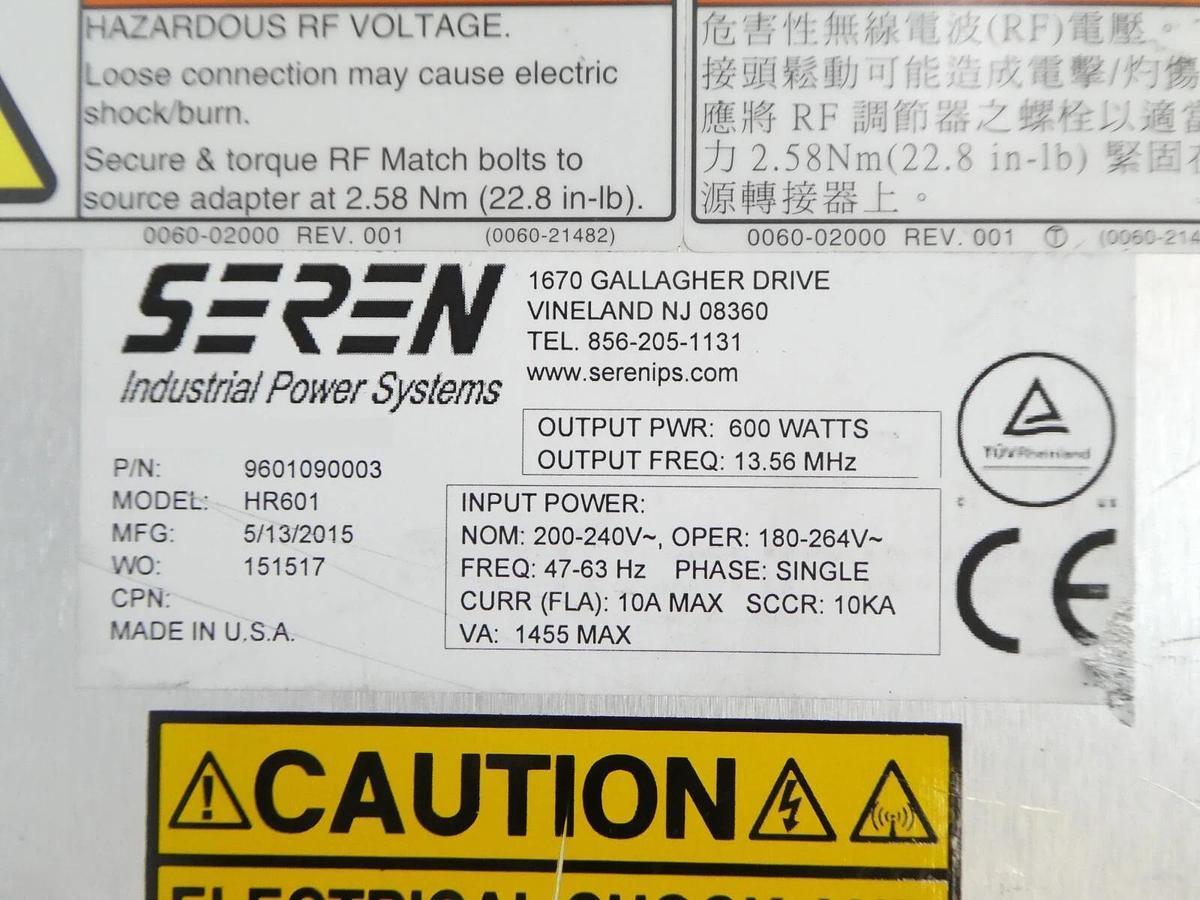 Used HR601 Seren 9601090003 RF Generator 600 Watts @ 13.56 MHz Tested Working Surplus