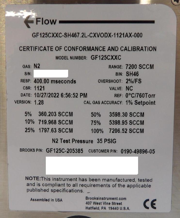 Brooks Instrument GF125C-205385 Mass Flow Controller MFC 7200 SCCM N2 New Spare