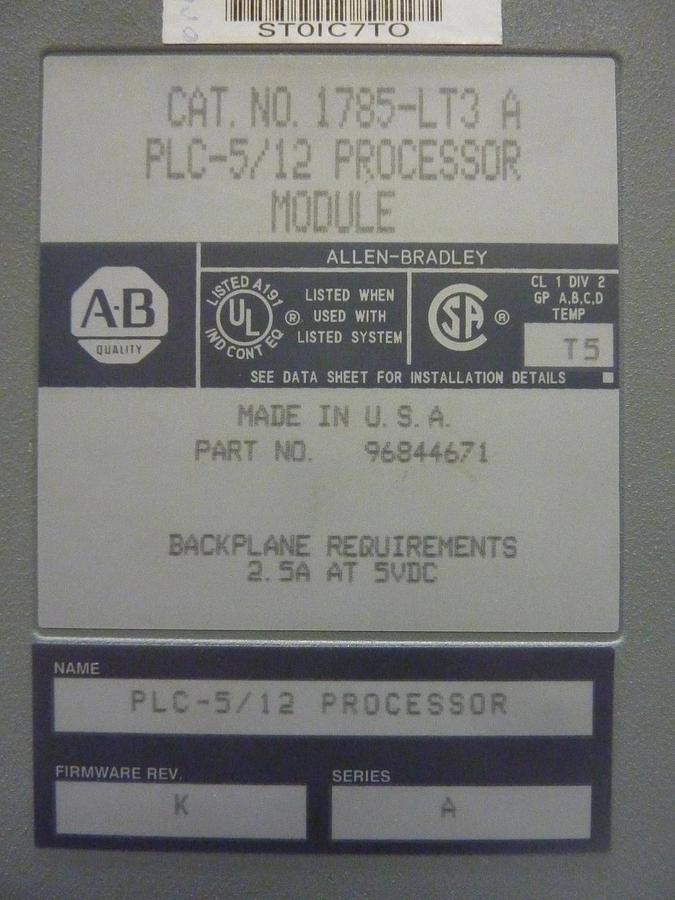 Used AB Allen-Bradley 96844671 PLC-5/12 Processor Module PLC PCB Card 1785-LT3 Used